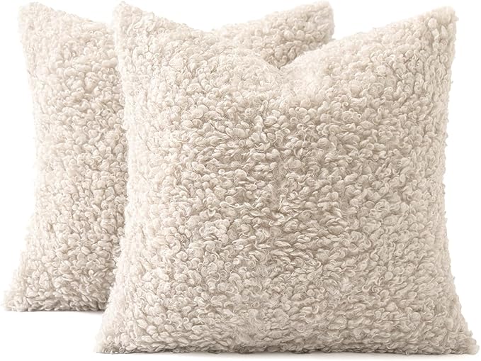 MIULEE Pack of 2 Faux Fur Throw Pillow Covers 26x26 Inch Neutral Light Beige Boucle Decorative Sherpa Pillow Covers Fuzzy Accent Soft Sheepskin Fleece for Boho Home Decor Couch Living Room Bed