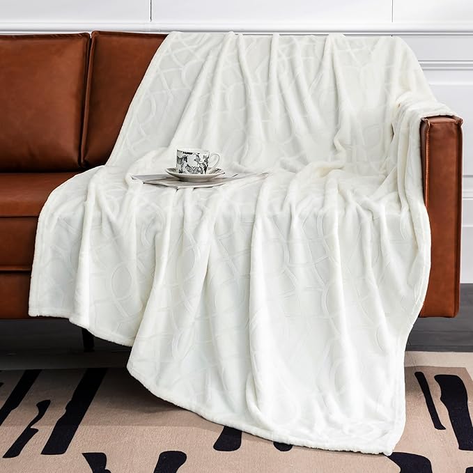 Soft Cozy Fleece Throw Blanket, 50x60 Inches – Lightweight Plush Blanket for Couch, Fuzzy 3D Jacquard Design, for Sofa, Bed & Travel - Ivory White