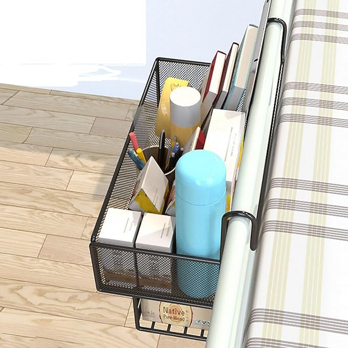 Bedside Caddy for Dorm Bed, Bunk Bed Accessories Bedside Shelf, Bedside Hanging Storage Basket with Hooks Multi-function Organizer Caddy Room Essentials for College Students Girl,White,B
