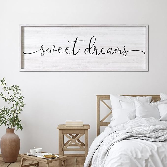Sweet Dreams Decorative Rustic Sign & Plaque Framed Wall Art for Couples, 40''×15'' Farmhouse Wooden Horizontal Sweet Dreams Wall Decor Above Bed, Vintage Cottagecore Wedding Gift for Living Room