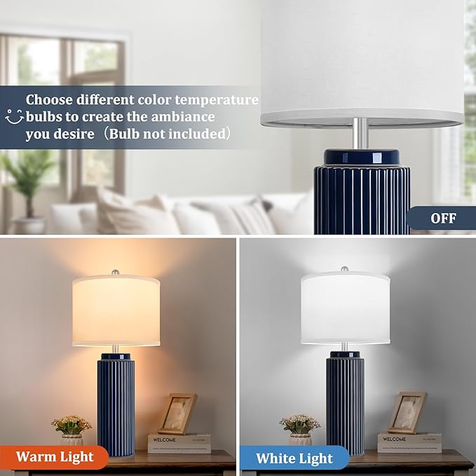 28’’ Modern Ceramic Table Lamps for Living Room Set of 2, Tall Farmhouse Bedside Lamps with Linen Shade, Dark Blue Rustic Nightstand Lamps for Bedroom, Vintage End Table Lamps for Office Hallway