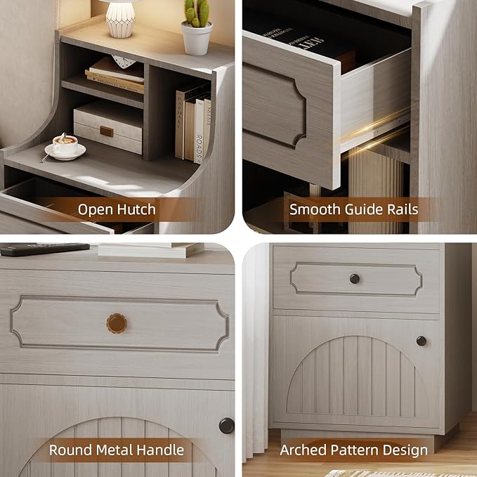 4ever2buy Farmhouse Nightstand with Storage Drawer and Hutch Bedside Table for Bedroom 30.31 inch Tall Night Stand End Table Wash Gray