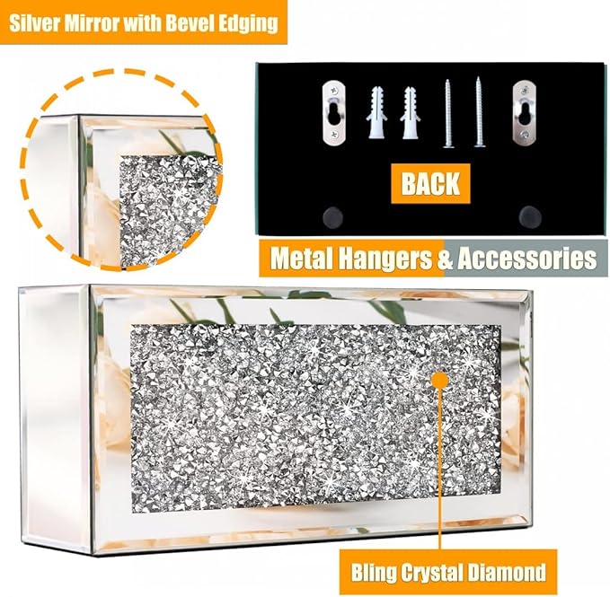 Mirrored Remote Holder, Wall Mounted Crush Diamond Bling Decoration Organizer Storage Box for Remote Phone Pad Wallet Notebook (8.3"×2.5"×4" For 3 or 4 Remote Controls) | Bling Decoration