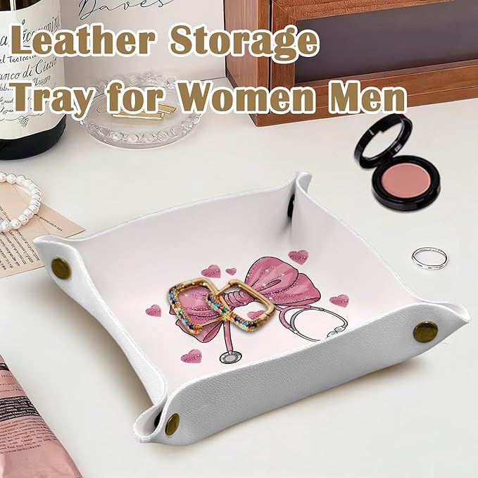 Nurse Gift Appreciation, Pink Bow Nursing Gifts for Student or Practitioner PU Leather Catchall Tray,for Nurse Week or Day, Jewelry, Keys, Watch, and Accessories Organizer 7.87x7.87in