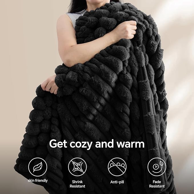 BEDELITE Faux Fur Black Throw Blanket for Couch - Super Soft & Cozy Plush Striped Blanket for Sofa and Room Decor, Luxury Fluffy All-Season Blankets Gift for Women, Men, Mom, Dad, 50x60 inch, Black
