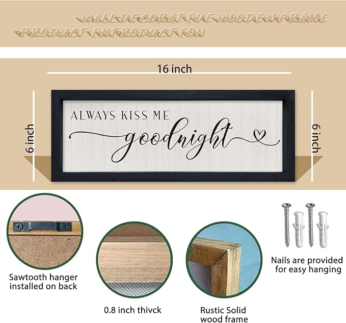 comurdyo Love Theme Always Kiss Me Goodnight Sign 16"×6" Romantic Couple Small Wood Frame for Framed Modern Farmhouse Master Bedroom Above bed Plaque Horizontal Wall Art Decor (Black)