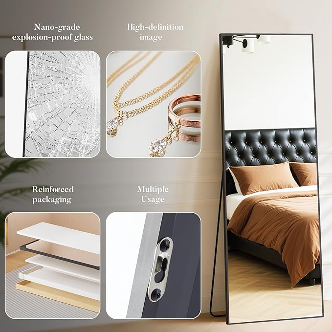 DUMOS Full Length Mirror 64"x21" Full Body Floor Mirror for Bedroom or Cloakroom, Can Stand Alone, Hang or Lean Against Wall, Tall Wall Mirror with Stand, Black
