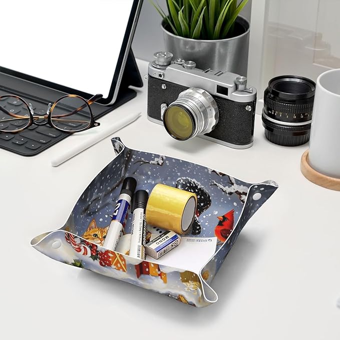 Tray Leather Valet Tray Winter Snowman Cardinal Catchall Trays Key Organizer Night Stand Organizer Bedside Vanity Trays Decor for Entryway Table