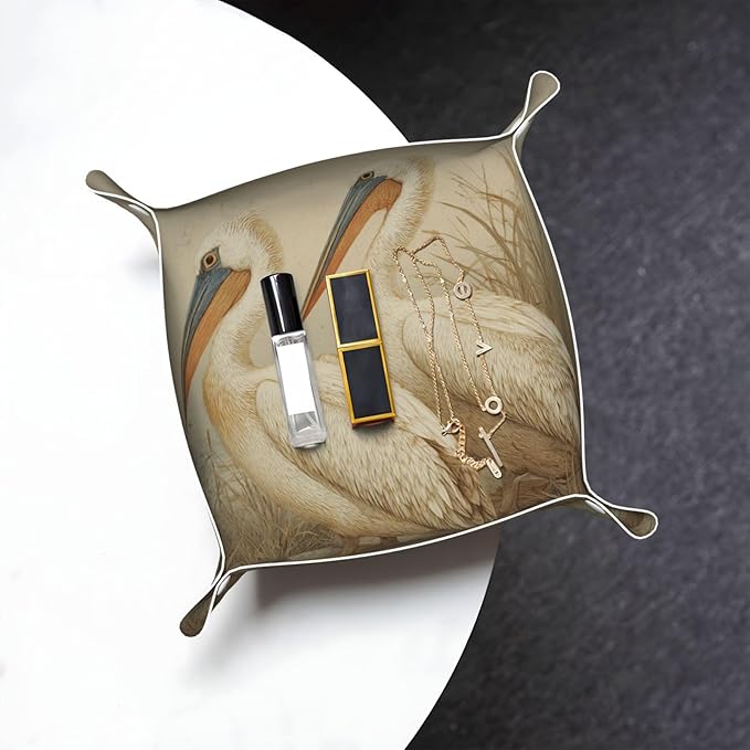 Two Pelicans Minimalism Valet Tray Leather Desktop Storage Organizer Bedside For Jewelry Keys Coin Candy