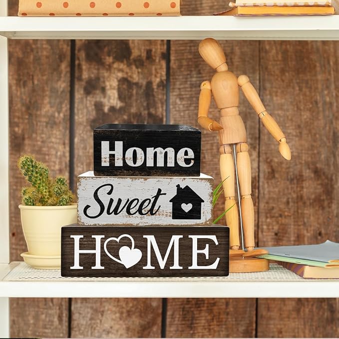 3 Pcs Farmhouse Wood Table Decoration Rustic Home Tiered Tray Decor Wooden Block Sign Retro Housewarming Gift Sweet Home Tabletop Centerpiece for Desk Floating Shelf Mantel