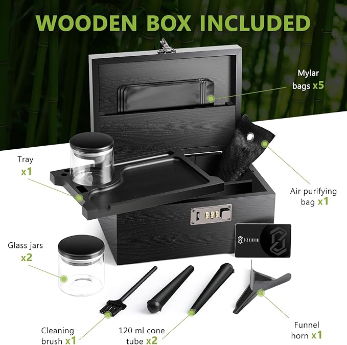 OZCHIN Large Bamboo Box with Combination Lock Decorative box for Home Great Gift Choice Storage Lockbox with Storage Jar, Gifts for Men Women (Black, 10 x 6.9 x 5 inches)