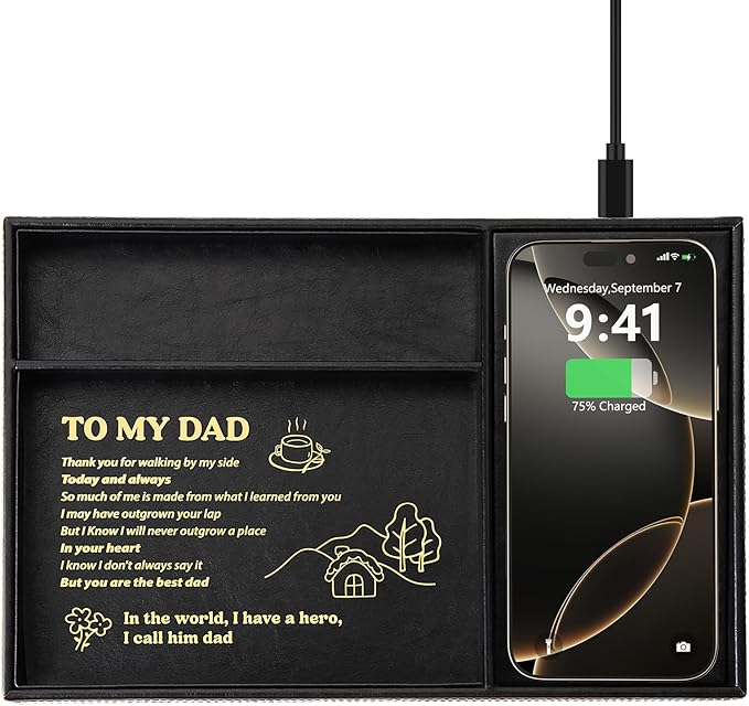 TopMade Wireless Charger Valet Tray, Father's Day Birthday Gifts for Dad, PU Leather Mens Jewelry Box for Iphone Charger, Desk Nightstand Organizer Charging Station Drawer Dresser Organizer(Black)