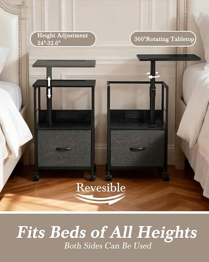 360° Swivel Nightstand with Height Adjustable, Lift Top Bedside Table with Charging Station, Rolling Night Stand with Fabric Drawer, End Table with Wheels, for Bedroom, Living Room, Black Gray