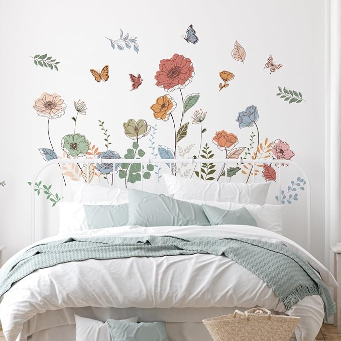 Zonon 6 Pcs Flowers Wall Decals Stickers Vinyl Removable Peel and Stick Colorful Dragonflies Floral Wall Murals Decor for Bedroom Living Room Nursery(Bohemian)