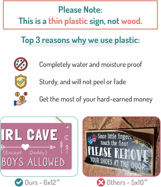 Girl Cave Sign for Girls Room, No Boys Allowed Door Sign, Cute Room Decor Sign for Bedroom Door, Funny Girls Only Sign for Kids Room, Teen Girl Wall Decor 12x6 Inch