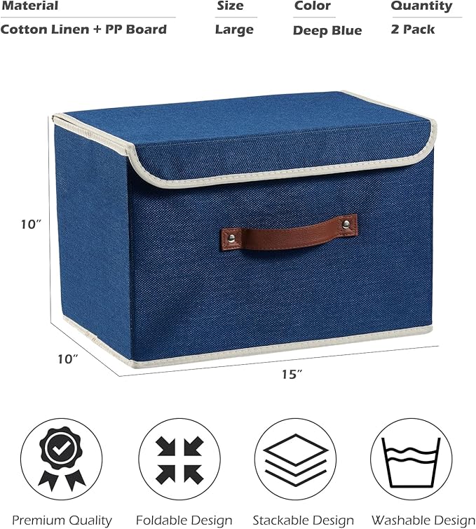 2PCS Storage Boxes with Lid Cotton Linen Fabric Storage Bins Organizer Container Decorative Collapsible Washable Shelf Closet Baskets Faux Leather Handles Home Bedroom (Deep Blue, Large)