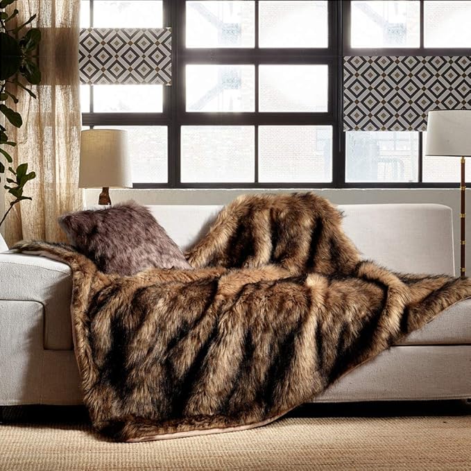 Luxury Plush Faux Fur Blanket King Size, Long Pile Brown with Black Tipped Throws, Oversized Super Warm, Fuzzy, Elegant, Fluffy Decoration Throw Blanket for Sofa, Armchair, Couch and Bed, 104"x90"