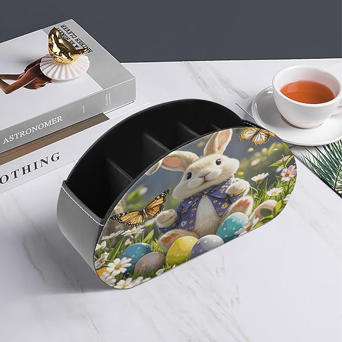 Easter Bunny Spring Butterfly Remote Control Holder Organizer Box with 5 Compartment PU Leather Bedside Storage Caddy Remote Organizer for Controller Media Player Pen/Pencil Storage