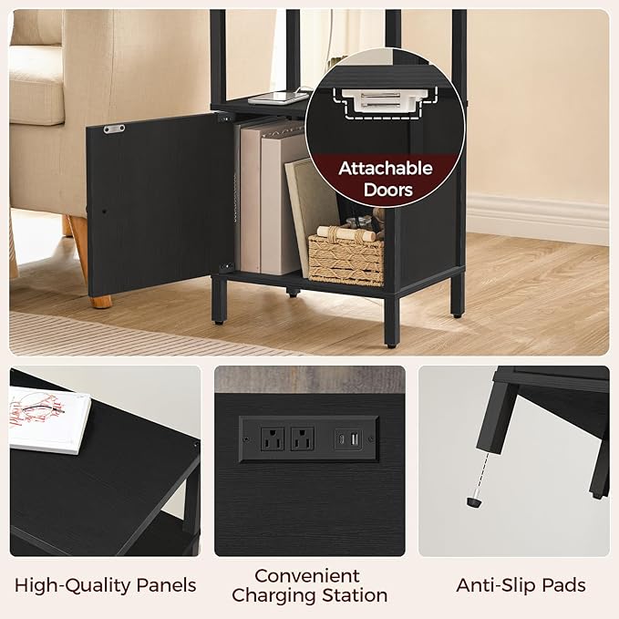 Farmhouse Nightstand with Charging Station, Black Bedside Table with USB&Type-C Ports and Outlets, End Table with Storage, Night Stand for Bedroom, Black ETBK96E01