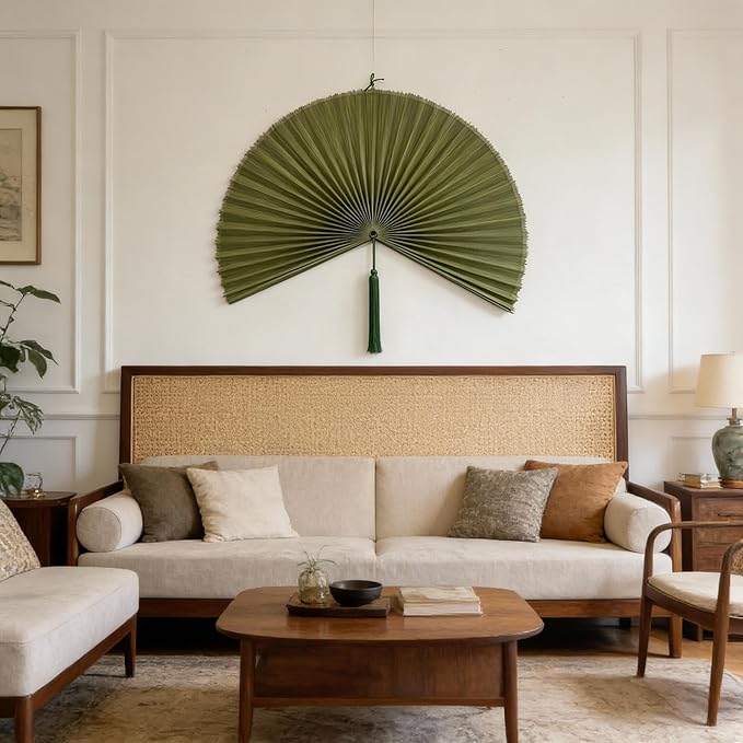 ChumDecor Fan Wall Decor, Japanese Giant Fan, Large Bamboo Fan Wall Art For Boho Hanging Headboard, Decorative Folding Fans For Over Bed, Asia Trending (Army Green 40inch)