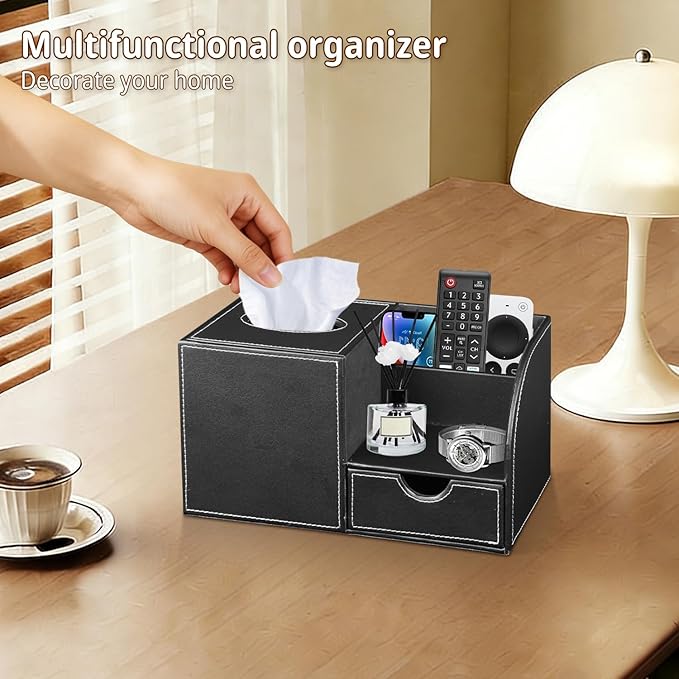 Nightstand Organizer with Tissue Holder,PU Leather Square Tissue Box Cover,Modern Facial Paper Organizer Storage Box for Remote Control,Bathroom,Vanity Countertop,End Table Home Office.Black