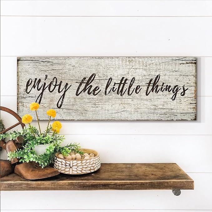 Quotes Wall Decor Enjoy the Little Things Sign Family Wall Signs Canvas Prints Rustic Wooden Wall Art Wood Pictures for Living Room Bedroom Office Home Decor, 8 X 24 Inch Framed
