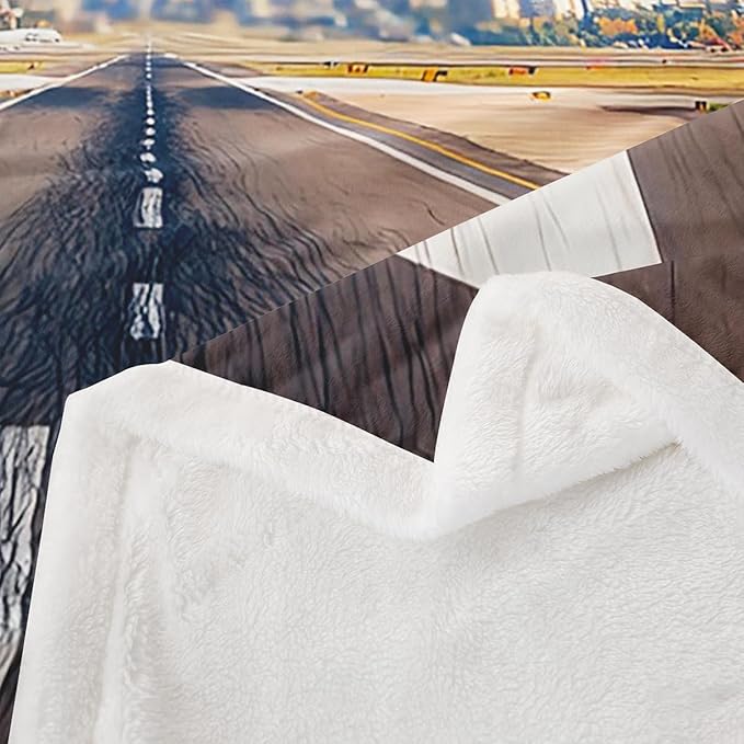 Erosebridal Aircraft Throw, Aviation Airplane Sherpa Blanket for Kids, Teens, Adults - Runway Track Fleece, Taking Off Fuzzy Queen 90"x90" White Blue Sofa Decoration
