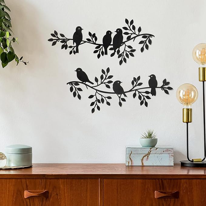 LOMOHOO Metal Birds Wall Decor Art Leaves 6 Birds on Vine Olive Branch Iron Sculptures Silhouette Metal Hanging Ornament Bedroom Living Room Indoor Outdoor Decoration