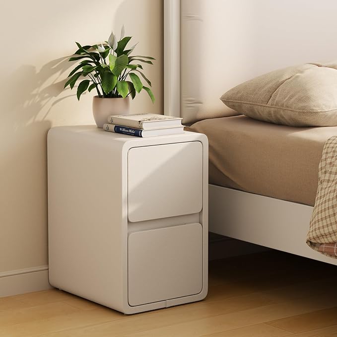 AQIMUELE Narrow Nightstand - Narrow Bedside Table with Drawers, Wood Small Nightstand with Leather Surface for Bedroom, White - 11.8" W