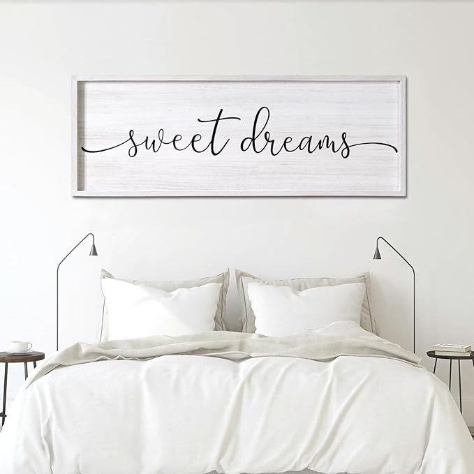 Sweet Dreams Decorative Rustic Sign & Plaque Framed Wall Art for Couples, 40''×15'' Farmhouse Wooden Horizontal Sweet Dreams Wall Decor Above Bed, Vintage Cottagecore Wedding Gift for Living Room