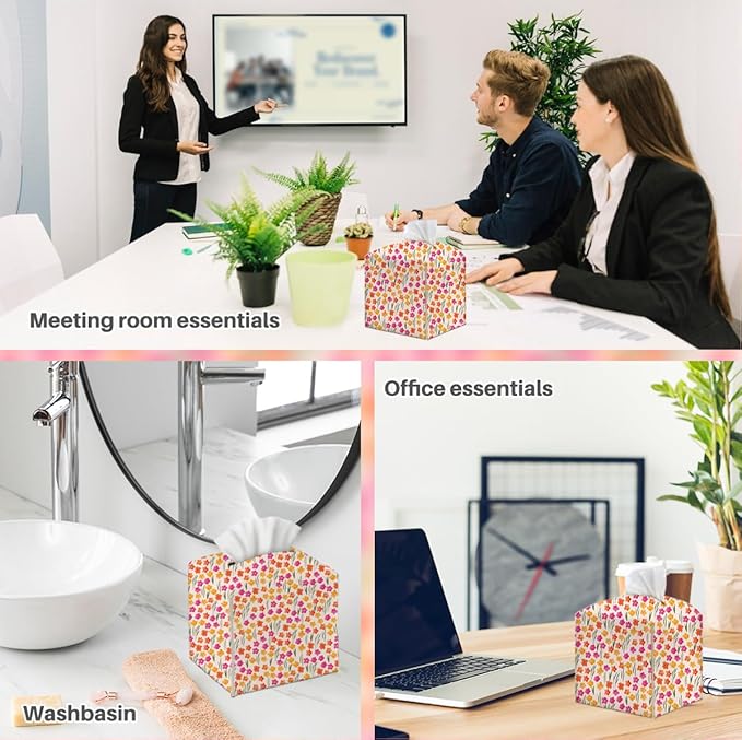 Tissue Box Cover, Tissue Box Holder, Square with Belt Bottom, PU Leather Decorative Organizer for Desk, Tabletop, Countertop Bathroom, Bedside Car, Office, Dresser Kitchen, Aesthetic Flower Decor