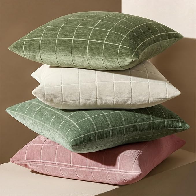 MIULEE Decorative Chenille Check Throw Pillow Covers Vintage Plaid Couch Pillows 18x18 Inch Set of 2 Neutral Boho Farmhouse Cushion Covers Modern Spring Decor for Sofa Bed Living Room Sage Green