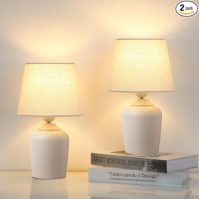 Sucolite Small 11.8'' Table Lamps Set of 2, Bedside Nightstand Lamps for Bedroom Kid’s Room, Cute Desk Lamps with Studded Texture Base for Reading Nursery Living Room Office, Cream