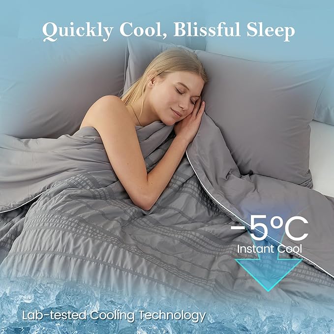 Cozy Bliss Seersucker Cooling Comforter Twin Size, Q-Max 0.45 Reversible Lightweight Cooling Throw Blanket, Breathable Silk Smooth Summer Bedding Quilt for Hot Sleepers Night Sweats Dark Grey