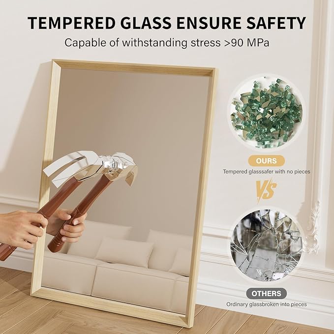 Oak Wood Effect Framed Wall Mirror, 30x36 Rectangle Mirror, 1/8" Anti-desilvering Tempered Glass, Sustainable& Sturdy Frame, Anti-Rust, HD Reflection &3min Fast Setup for Bathroom Living Room