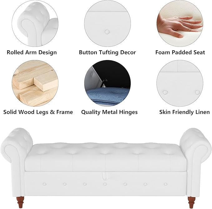 Aoowow Rolled Arm Storage Benches for Bedroom End of Bed Ottoman Bench 63" Long Bench with Storage and Seating for Living Room,Entryway,Window,Button Tufted with Solid Wood Legs (Linen Off White)
