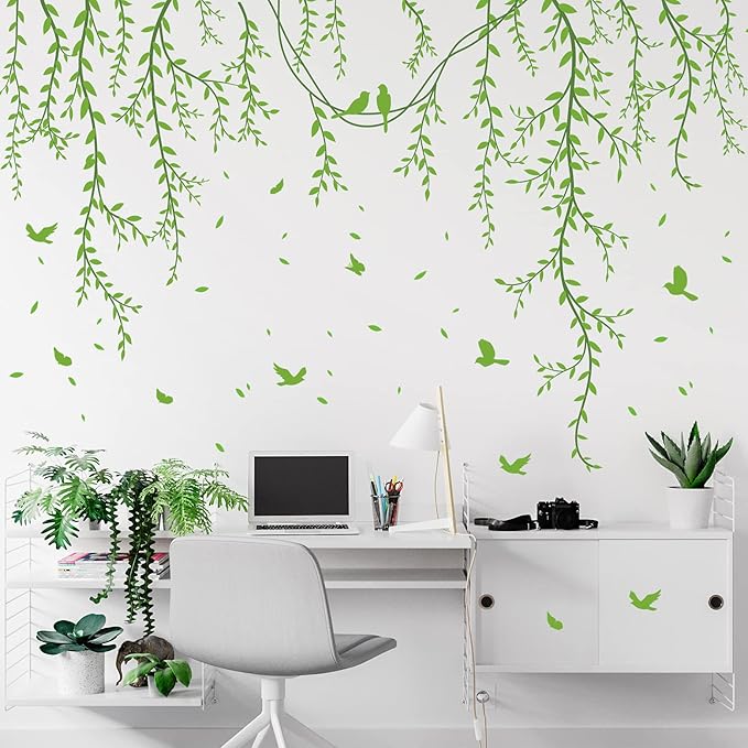Hanging Willow Branch Wall Stickers DIY Green Vine Leaf Plant Wall Decals Peel and Stick Grass Birds Butterfly Art Mural Decortions for Kids Baby Girls Nursery Bedroom Living Room Offices Classroom (Green)