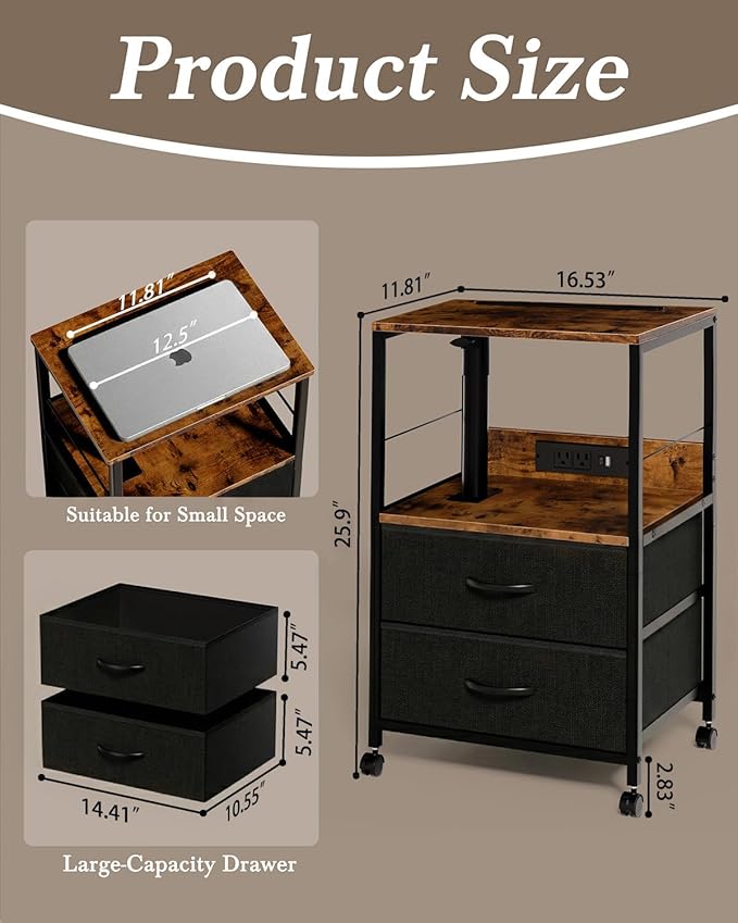 360° Swivel Nightstand with Height Adjustable, Lift Top Bedside Table with Charging Station, Rolling Night Stand with 2 Fabric Drawers, End Table with Wheels, for Bedroom, Living Room, Brown Black