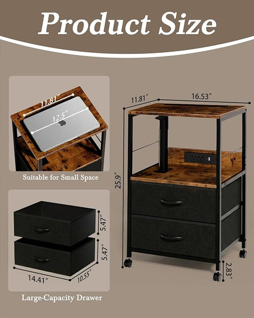 360° Swivel Nightstand with Height Adjustable, Lift Top Bedside Table with Charging Station, Rolling Night Stand with 2 Fabric Drawers, End Table with Wheels, for Bedroom, Living Room, Brown Black
