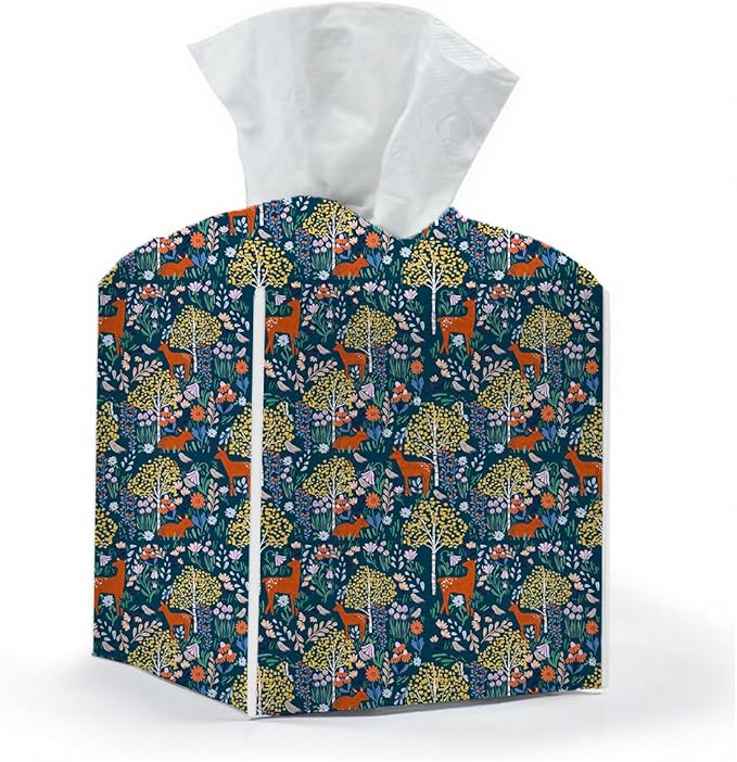 Tissue Box Cover, Tissue Box Holder, Square with Belt Bottom, PU Leather Decorative Organizer for Desk, Tabletop, Countertop Bathroom, Toilet Car, Office, Bedside, Kitchen, Deer Tree Flower Decor