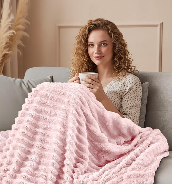 Utopia Bedding Pink Striped Fleece Blanket Throw Size – Fluffy, Warm & Lightweight Ribbed Throw for Bed, Sofa & Chair - Soft Cozy Blanket for Home Décor & Gifting (50x60 Inches)