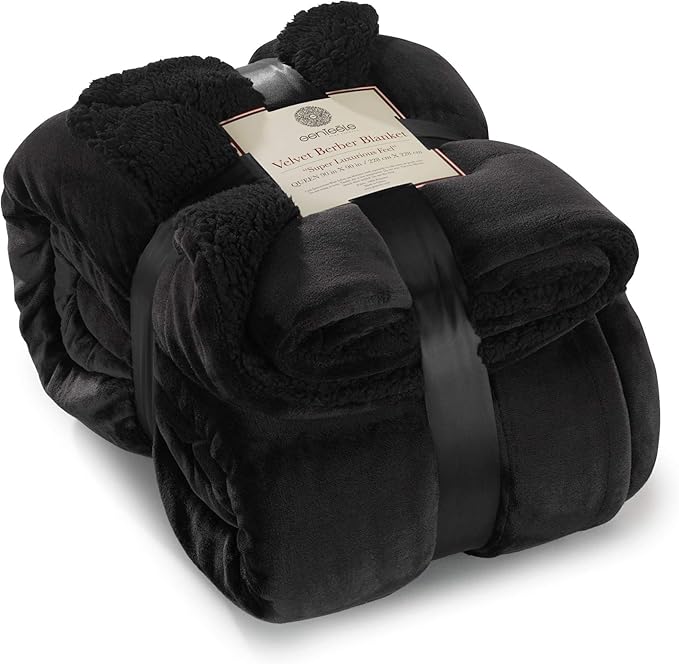 Genteele Sherpa Throw Blanket Super Soft Reversible Ultra Luxurious Plush Blanket, 90 x 90 inches, Black/Black