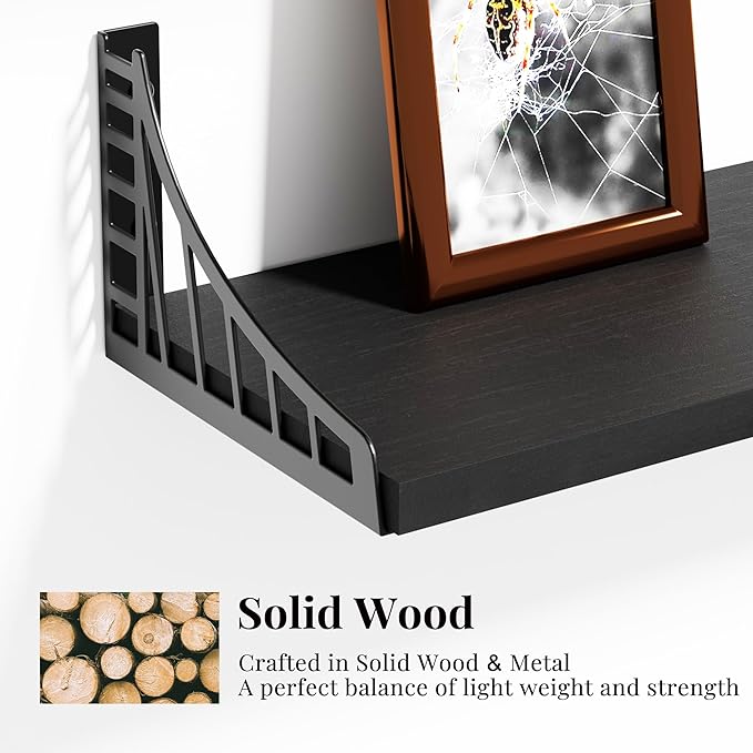 SRIWATANA Floating Shelves for Wall Decor, Bridge Design Wood Wall Shelves for Bedroom, Bathroom, Living Room & Kitchen, Set of 3 (Black)