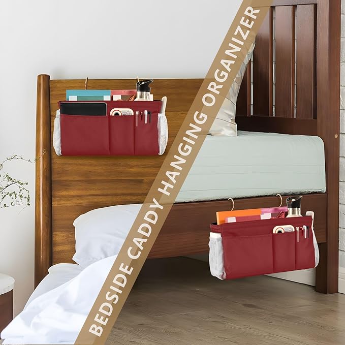 DOMIKING Wine Red Bedside Caddy for Dorm Bed Recliner Armrest Organizer with Hooks Haning Holders for Bunk Bed Headboards Rails