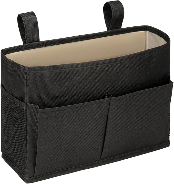 Bedside Caddy, Large Capacity linen fabric Versatile Bedside Organizer with 4 pockets,Durable Hanging Bedside Caddy for Dorm Bed Phone Hospital College Magazine Remote Control Laptop Books (Black)
