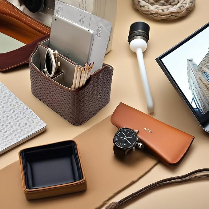 UnionBasic Rotating Desk Organizer, 360 Desk Spinning Caddy, Desktop TV Guide/Mail/Media/Remote Controller Holder Organizer, Woven Coffee