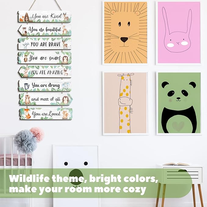 Inspirational Girl Room Decor Aesthetic Art Wall Hanging Sign Inspiring Colorful Rainbow Wooden Decoration for Kids Teens Toddler Boy Baby Bedroom Nursery Dorm Decor, 6-12 Years old (Woodland Animal)