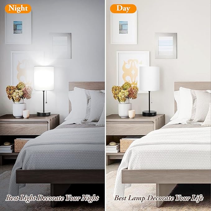 Table Lamps Set of 2 with USB Charging Ports, White Bedside Lamps with AC Outlet, Nightstand Lamps with Pull Chain Switch, Minimalist Modern Desk Lamps with Fabric Shade for Living Room Bedroom Office