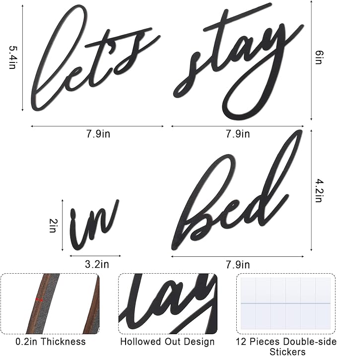 4 Pieces Let's Stay in Bed Wall Decor Rustic Bedroom Decoration Black 3D Wooden Letters Handmade Wood Summer Decor Love Quote Home Sign for Home Bedroom Apartment Office Hotel