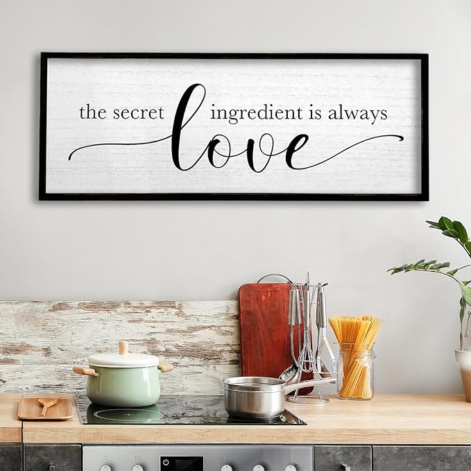 TQianJiang Kitchen Wall Decor The Secret Ingredient Is Always Love Sign 40"×15" Heartwarming Quote for Dining Room Mother's Day Large Farmhouse Rustic Wood Framed Wall Plaque Hanging Art (Black)